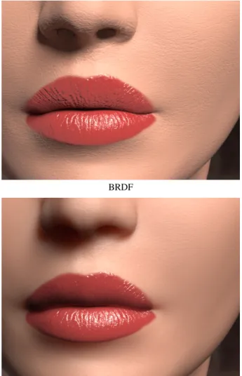 Figure 11: A face rendered using the BRDF model (top) and the BSSRDF model (bottom). We used our measured values for skin (skin1) and the same lighting conditions in both images (the BRDF image also includes global illumination)