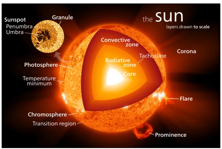 Figure 1.2.: Sun’s structure. Illustration of stellar layers and phenomena occurringin the upper atmosphere