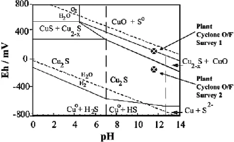 Figure 4. Examples on a cyclone overflow Eh/pH conditions and the stable copper minerals
