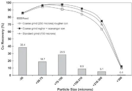 Figure 6. Distribution of copper in the different particle sizes of the feed (bars) and maximum  recoveries as a function of these sizes (Farrokhpay et al., 2011)
