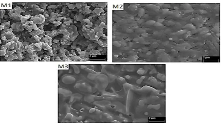 Fig.4: Flexural strength (σ) and Elasticmodulus (E) of M1-M3 sintered at 1450-1550 0C, 5 h
