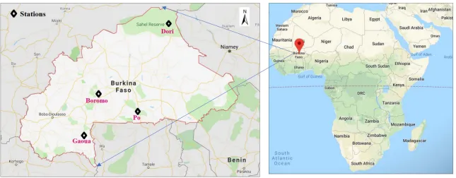 Figure 2. Location of the studied meteorological stations distributed over the Burkina Faso region, West part of Africa.
