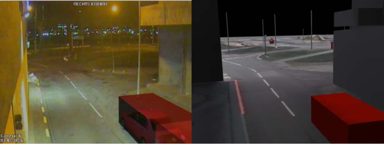 Figure 7: Example of a camera image and its virtual imitation. At the position of a car a box is created 