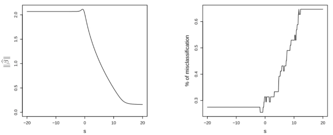 Figure 3: Simulated data set with ((s, −s), 3) as additional observation. Left panel: Norm of the slope parameter