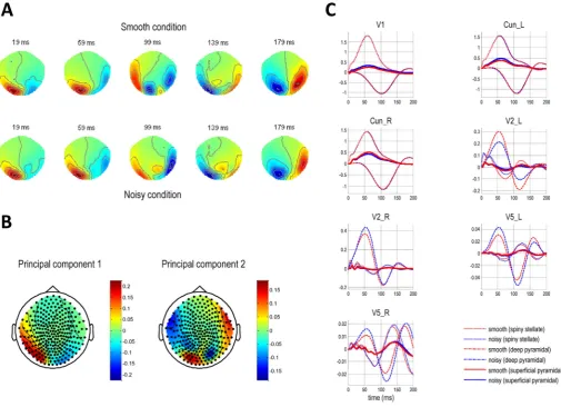 Fig. 3. Evolution and principal components of the evoked ﬁelds. A: The evoked response ﬁelds, averaged across all subjects, are plotted here at various time points in the 0–200 ms timewindow