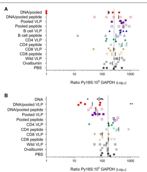 FIGURE 5 | Anti-µof experiments, mice (immunization with individual or pooled VLP immunizations