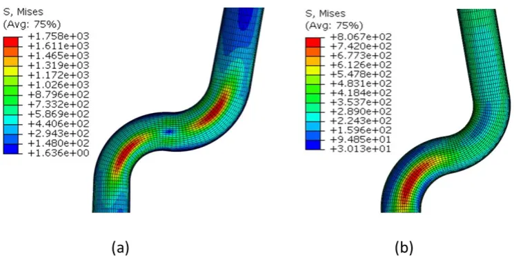 Fig. 5. Equivalent stress [MPa] contours from linear elastic stress analyses for a) in-plane opening 