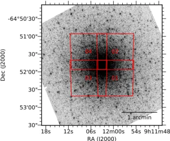 Fig. 1. Position of the four pointings of MUSE observations. The background shows an HST/ACS F606 image of NGC 2808.