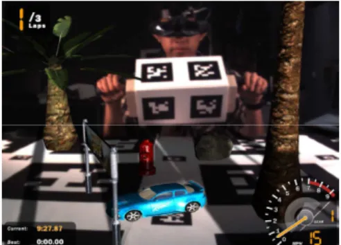 Figure 4:  The set up of the AR racing game [8].  The  driver is the only one with a HMD while others are  viewing the image from a computer screen