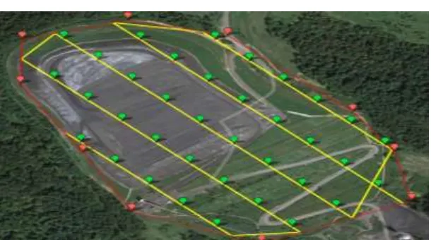 Figure 5 shows a sample UAV flight path with waypoints. Image obtained fromhttp://9threesolutions.com/portfolio/stockpile-volume-estimation/ 