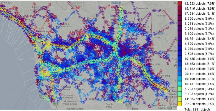 Fig. 8. A: Three selected clusters of dependency series of the traffic intensity depending on the mean speed