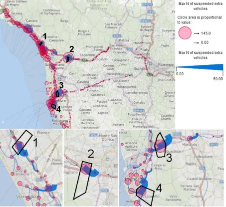 Fig. 13. The map shows the places (red circles) and links (blue curved lines) where the evacuating cars will be 