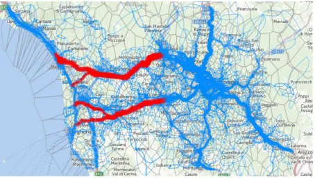 Fig. 14. The impact of redirecting a part of the traffic to road SP24 passing Pisa is visualized as a change map