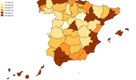Figure 1: Geographical distribution of GDP 2004 for the Spanish provinces (NUTS-3)