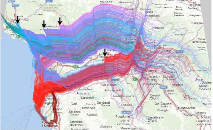 Fig. 2. For a scenario of mass evacuation from the coastal areas in Tuscany (Italy), simulated car trajectories are represented in a space-time cube, where two dimensions represent geograph-ical time and one dimension time