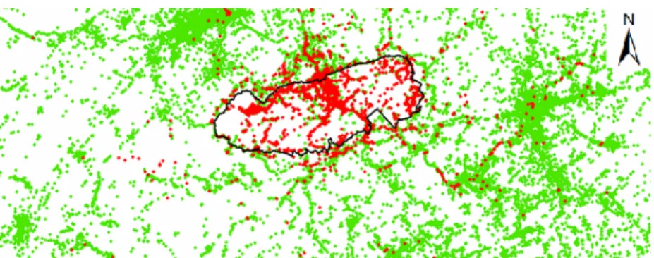 Figure 2.1 Spatial distributions of target points (red) and all points (red and green)  of the Great Smoky Mountains National Park