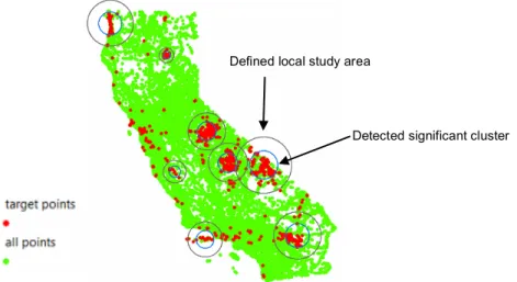 Figure  3.5  Example  of  the  local  study  areas  (black  circles)  centered  on  the  detected clusters (blue circles) of target points in California