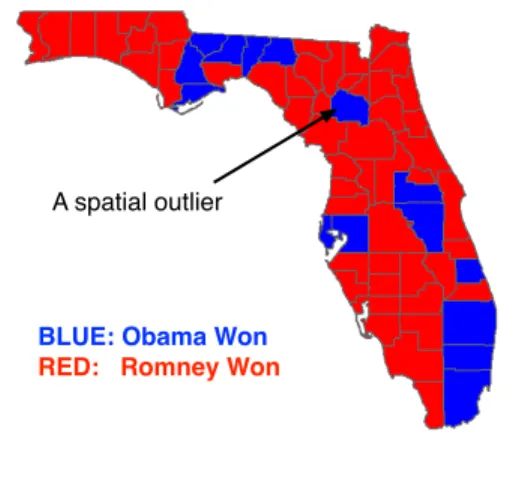 Figure 1.5: An illustrative example of a spatial outlier: voting results of 2012 U.S.