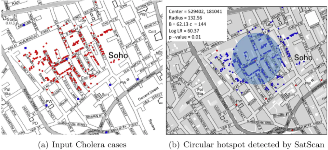 Figure 1.7: A real world example of spatial hotspot in 1854 London Cholera outbreak Spatial hotspot detection helps find disease outbreaks which allows officials to  allo-cate resources to limit its spread [47, 69]