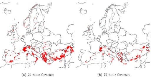 Figure 3: Noise points found with the 24- and 72-hour forecast error clustering (ρ = 0.9)