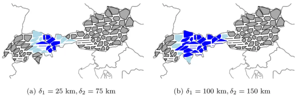 Figure 5: Edge clusters for the 12-hour forecast error clustering (ρ = 0.7) in Austria and Switzerland (individual computation) for two different choices of the parameters δ 1 and δ 2 