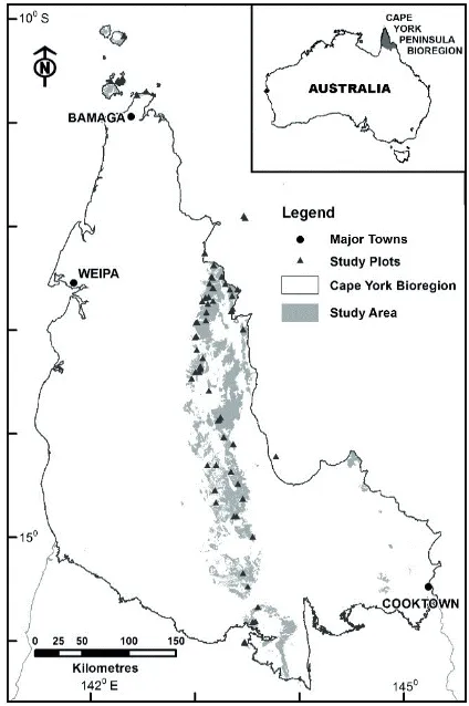 Figure 1. Study area location. Area of the landscapes on igneous rocks in Cape York Peninsula bioregion, north eastern Australia, with main towns and study plot locations