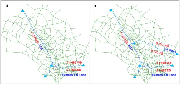 Fig. 1. Simulation network and toll road locations. (a) Base Year 2010; (b) Future Year 2030