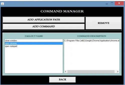 Fig 6. Command manager showing the list of commands and application paths in Java application   