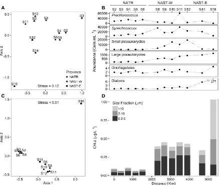 Fig. 2 Taxonomic composition and size structure of the phytoplankton community. (A) Two-dimensional configuration of stations obtained from the non-metric 
