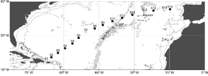 Fig. 1 Map showing the location of the 16 sampling stations (S1-S16) between Hispaniola and the Iberian Peninsula