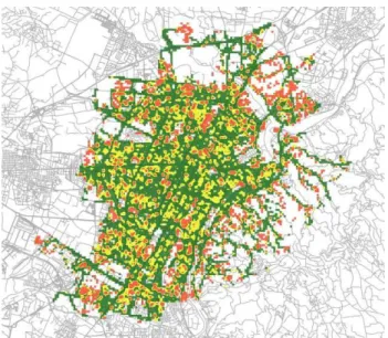 Figure 4. Mean distance between each single FCD and the  nearest OTM network element (green = 0-7 m, yellow = 7-13 m, 