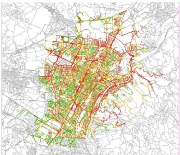 Figure 12. OTM road network classified based on normalised  sum of path distances (green=shortest paths, red=longest paths)  FCD  based  system  is  particularly  able  to  detect  jammed  situations  and  the  travel  times  calculated  by  the  system de