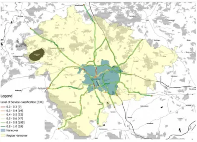 Fig. 5 Level of service for the Region at a typical Thu 2012 at 04:00 pm - 06:00 pm 55606570758002468 10 12 14 16 18 20 22