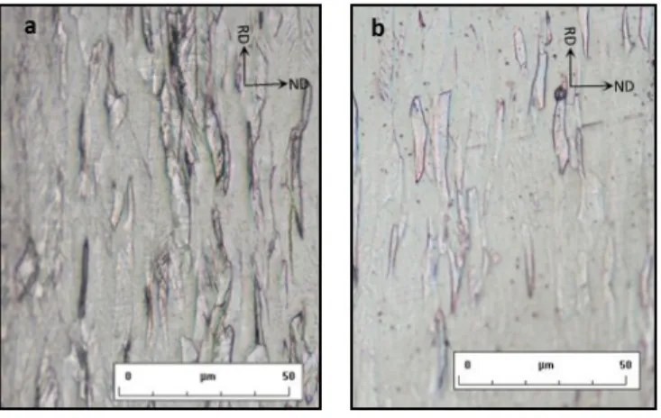 Figure 4. Optical microscopy observation of 60% rolled samples of a) C-ASR and b) CR specimens.