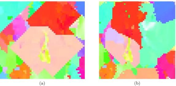 Figure 5.9: The shape of the grains after simulation using (a) 4-point and (b) 8-point schemes