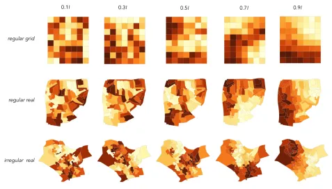 Fig. 2: Example stimuli used in the experiments. Three categories of geography were used: regular grid, regular real and irregular real.