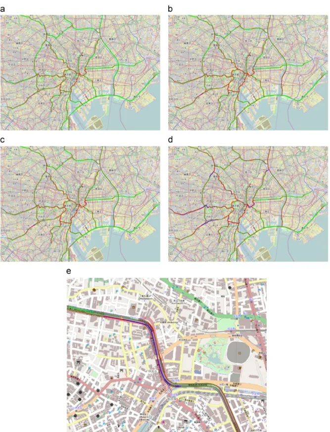 Fig. 6. Estimated usual traffic state σðsÞ for all 50-m segments, drawn on the OpenStreetMap