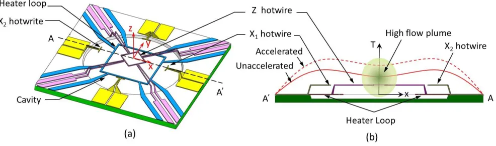 Figure 1. (a) Configuration of the sensor with the radius of the cavity of 0.75 mm. (b) Position of the hotwires in the cross section along the A–A axis and principle to measure the vertical acceleration