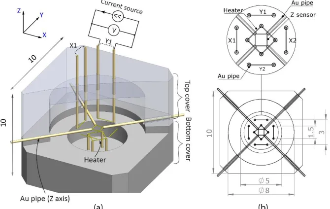 Figure 5 . (a) Schematic view of the designed prototype with the cut-view showing the lead pin (made by Au capillary) and hotwires