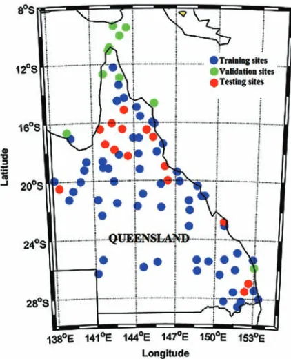 Figure 4. The present study area (showing cities) located in the Queensland region where artificial neural network and Genetic Programming model was used for forecasting Windspeed, Table 2 provides the details of the locations.