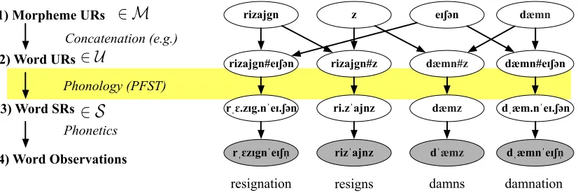 Figure 1: Our model as a Bayesian network, in which surface forms arise from applying phonology to a concatenation ofunderlying forms