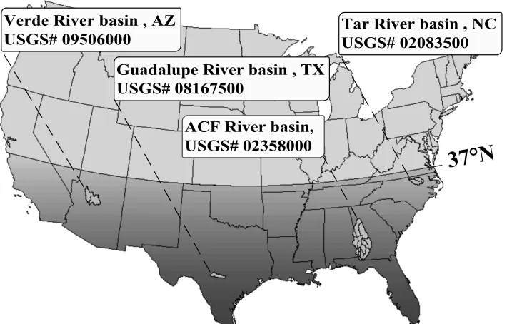 Figure 1 : Location of the selected river basins across the Sunbelt of the US (dark area) and the  considered USGS gauging stations