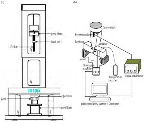 Fig. 2: (a) Drop weight tester. (b) Schematic of test setup and instrumentation.   