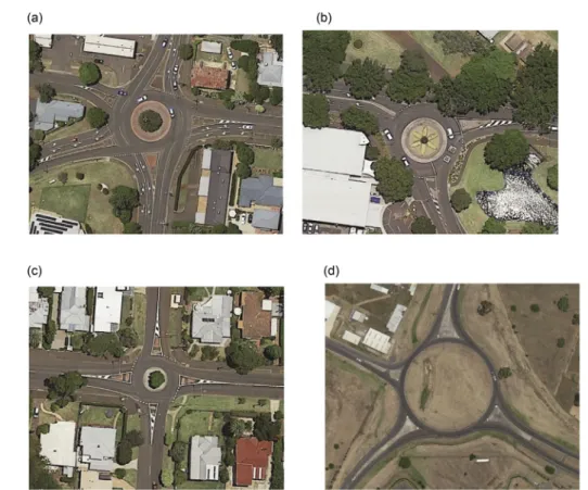 Fig. 3 e Examples of roundabout layouts (Google Earth, 2018). (a) 5-legged roundabout