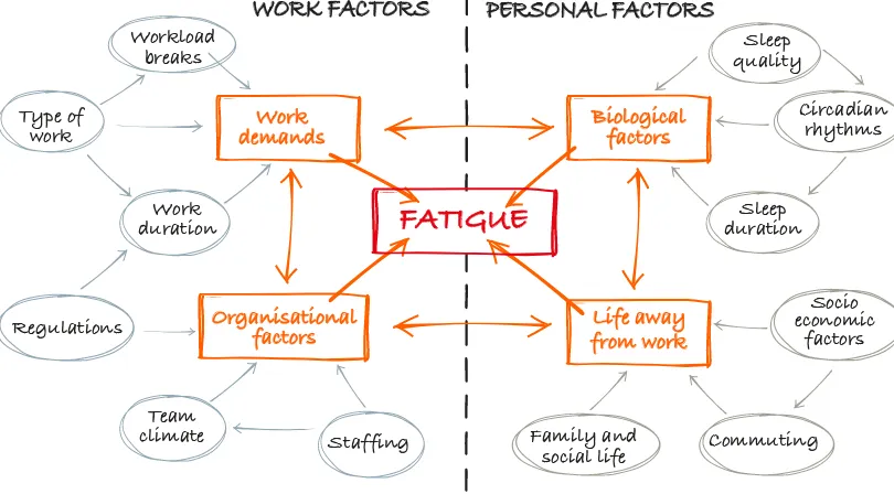 Figure 9–1. Workplace and personal factors that may contribute to employee fatigue (Adapted from Hobbs, Avers & Hiles, 2011) 
