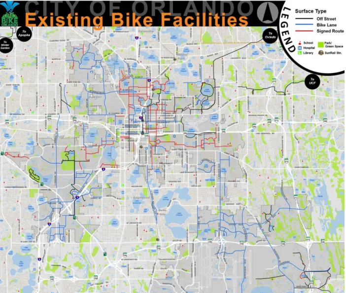 Figure 3: Existing Bike Facilities in Orlando, FL (Source: Bike Orlando) 