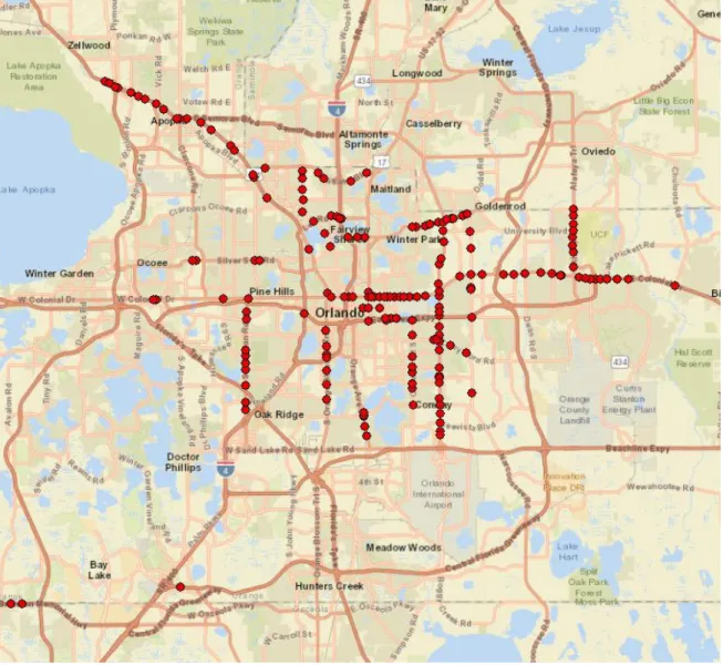 Figure 5: Study Area, 159 Intersections Studied in Orange County, FL for Analysis 