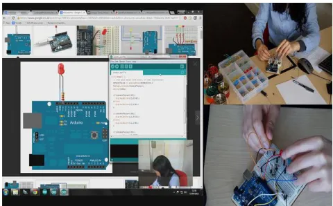 Figure 3. Composite, split-screen video of physical computing task, showing onscreen activity, participant's face, overhead zoom of circuit construction, and wider frontal view of equipment use