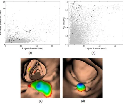 Figure 2: (a)–(b) Scatter plots of features calculated for data set ’A’. Grey dots denote false detections and black dots  indicate polyps ≥ 6 mm