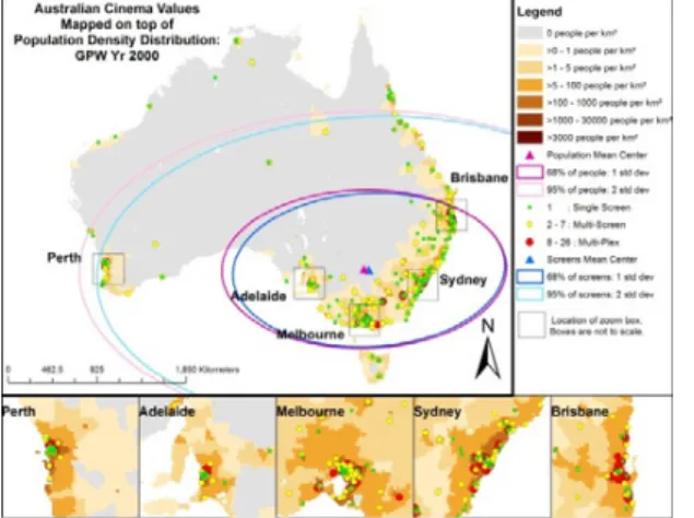 Figure 1. Spatial distribution of Australian Cinemas mapped on  Population Density